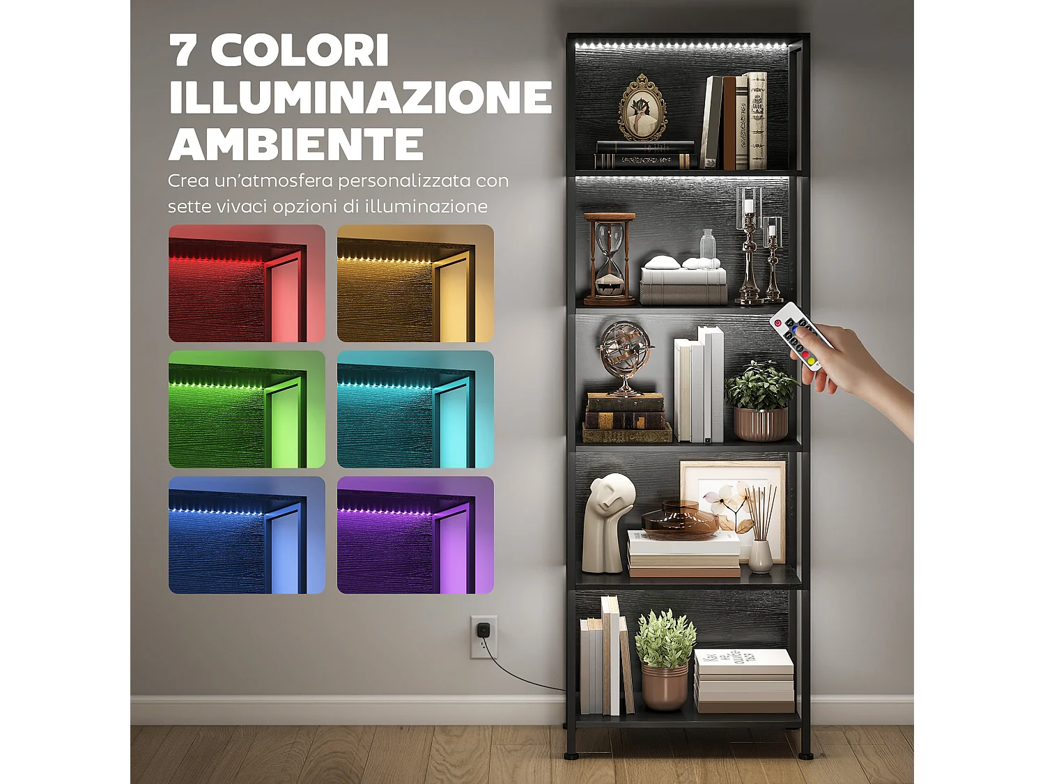 Libreria scaffale industriale a 5 livelli con illuminazione led nero