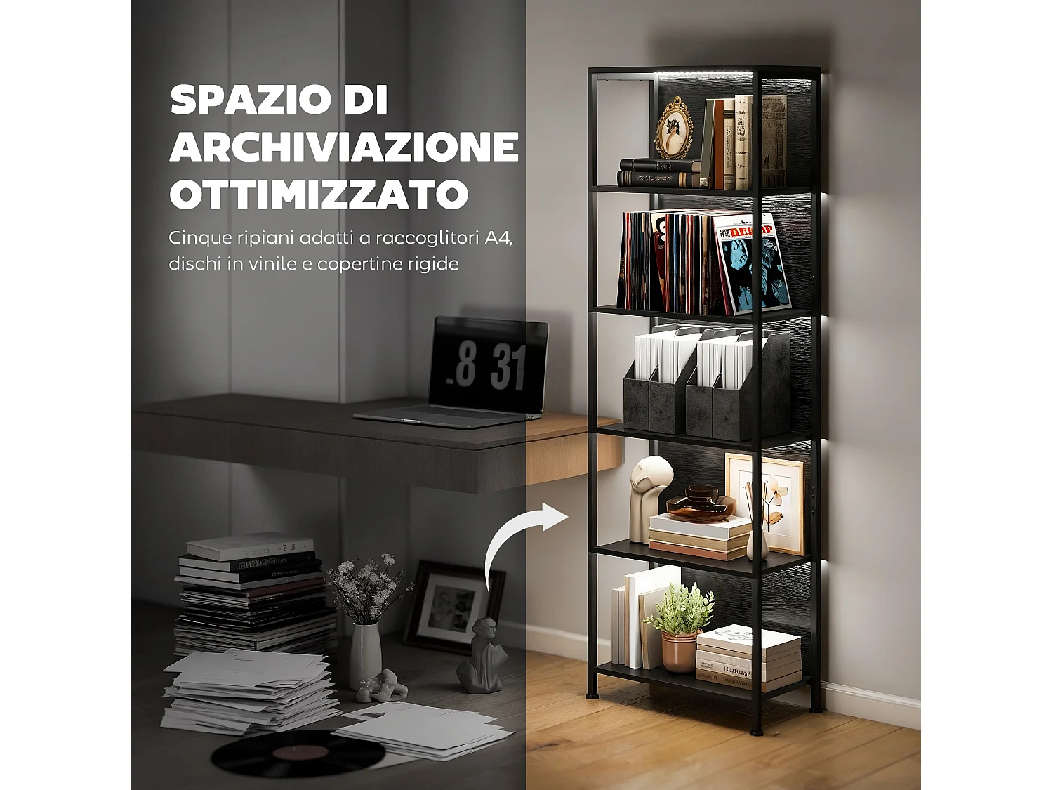 Libreria scaffale industriale a 5 livelli con illuminazione led nero