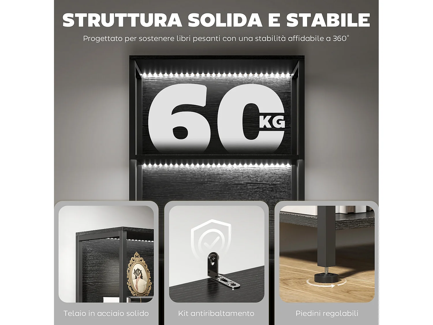 Libreria scaffale industriale a 5 livelli con illuminazione led nero