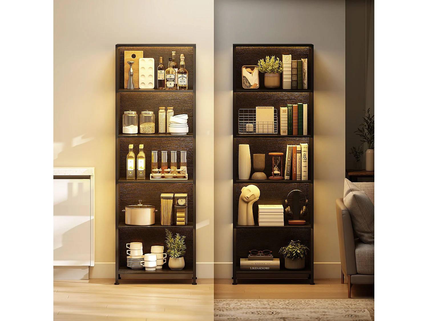 Libreria scaffale industriale a 5 livelli con illuminazione led nero