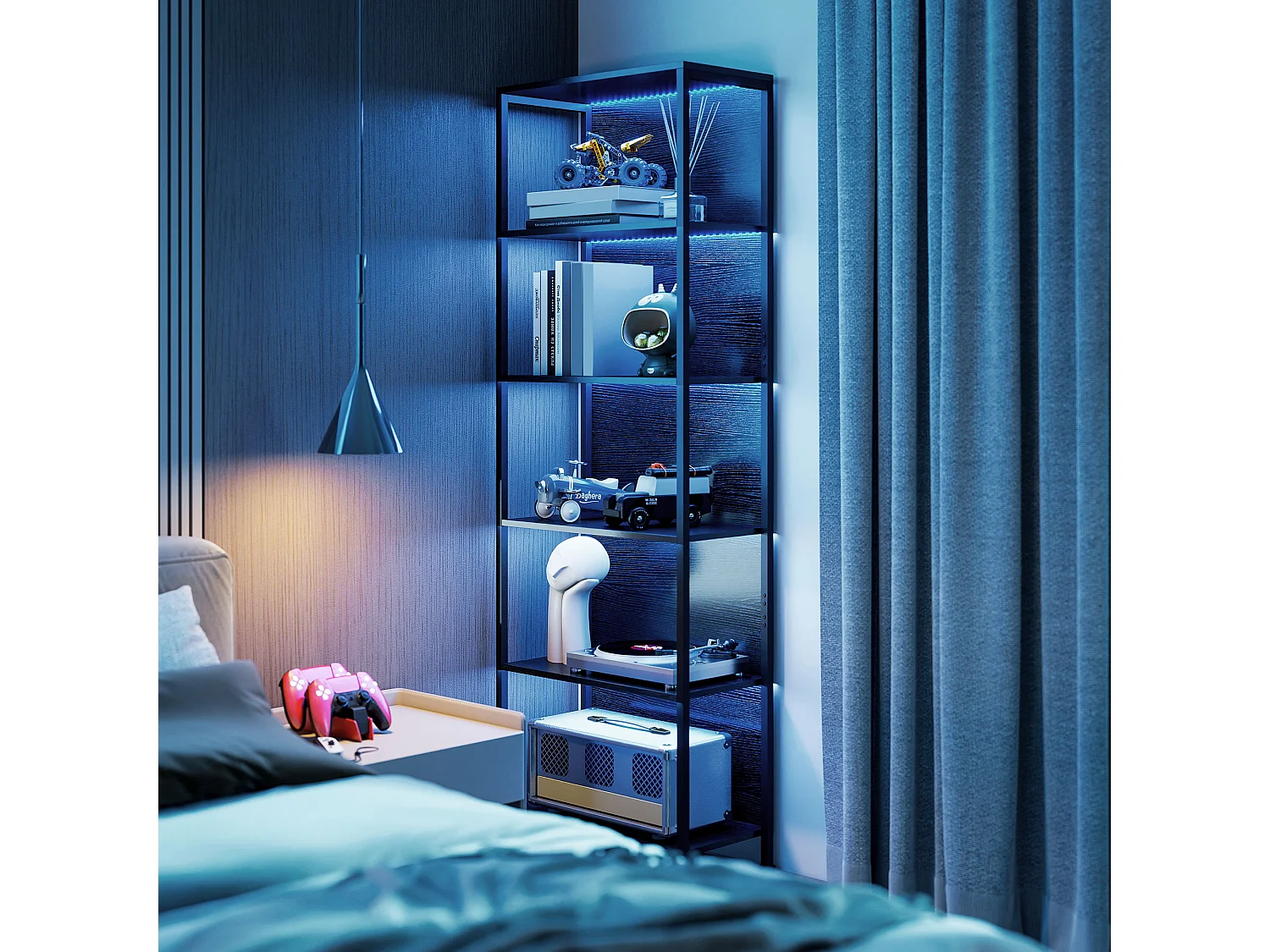 Libreria scaffale industriale a 5 livelli con illuminazione led nero