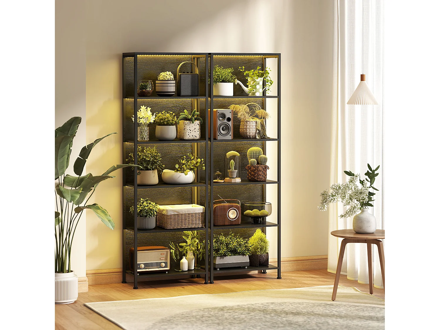 Libreria scaffale industriale a 5 livelli con illuminazione led nero