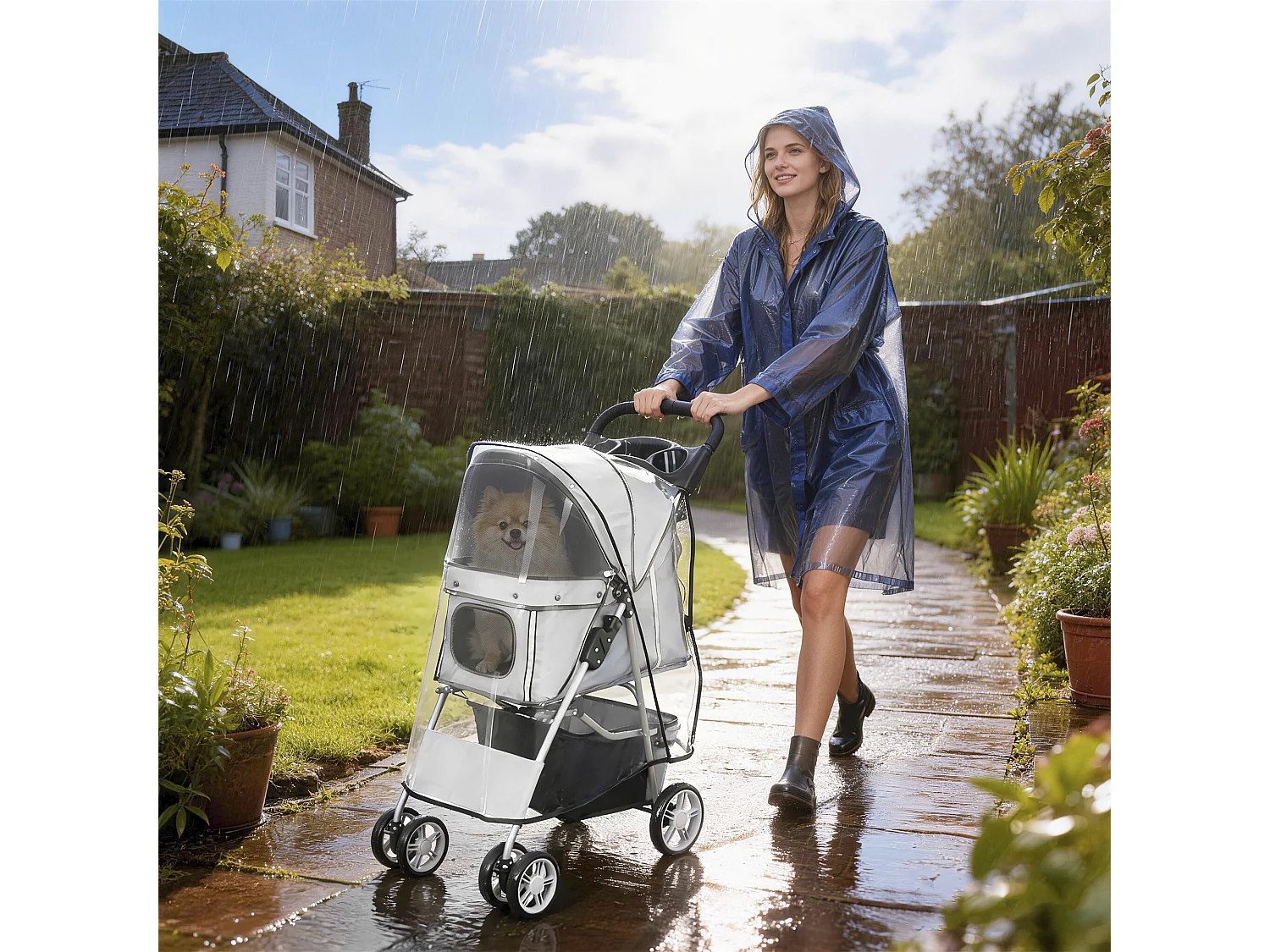 Passeggino per cani pieghevole con copertura antipioggia grigio