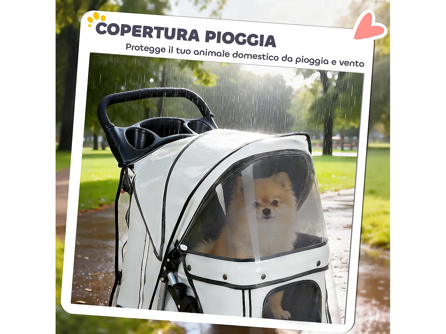 Passeggino per cani pieghevole con copertura antipioggia grigio