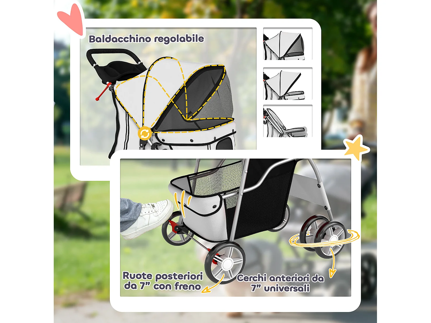 Passeggino per cani pieghevole con copertura antipioggia grigio