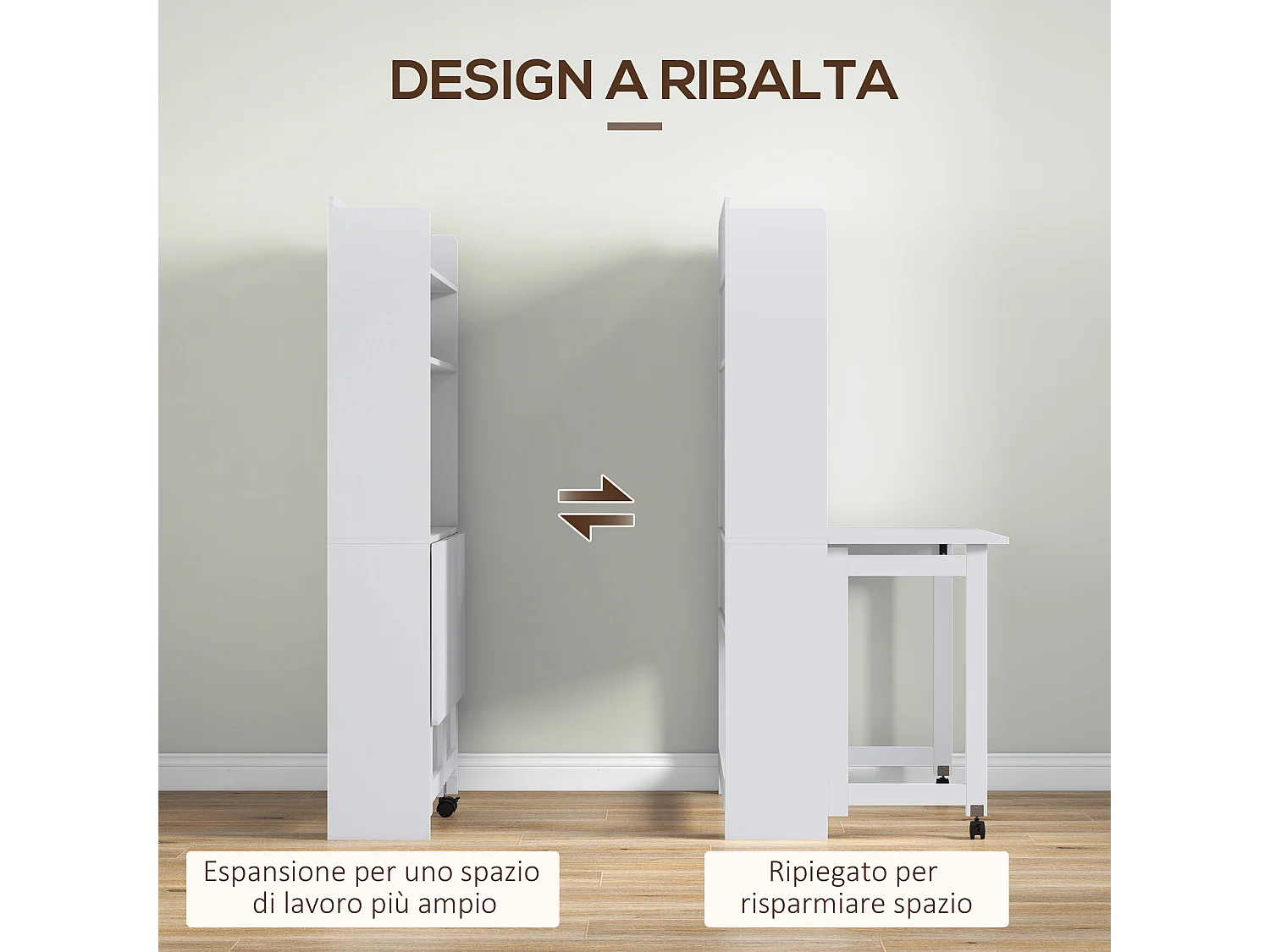Scrivania pieghevole con libreria a 4 ripiani in legno bianco