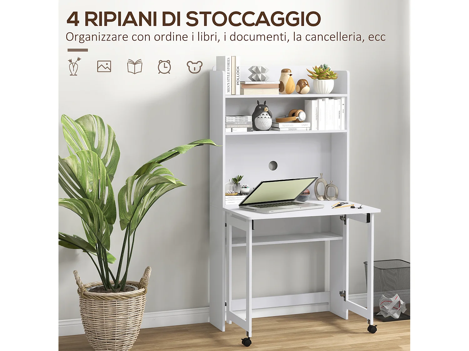 Scrivania pieghevole con libreria a 4 ripiani in legno bianco