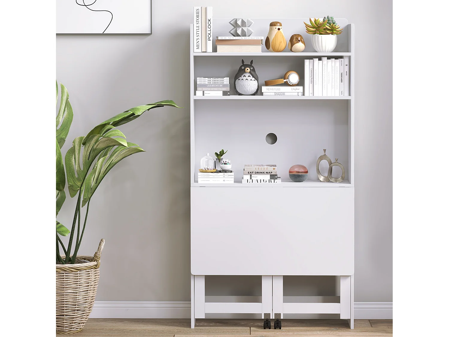 Scrivania pieghevole con libreria a 4 ripiani in legno bianco