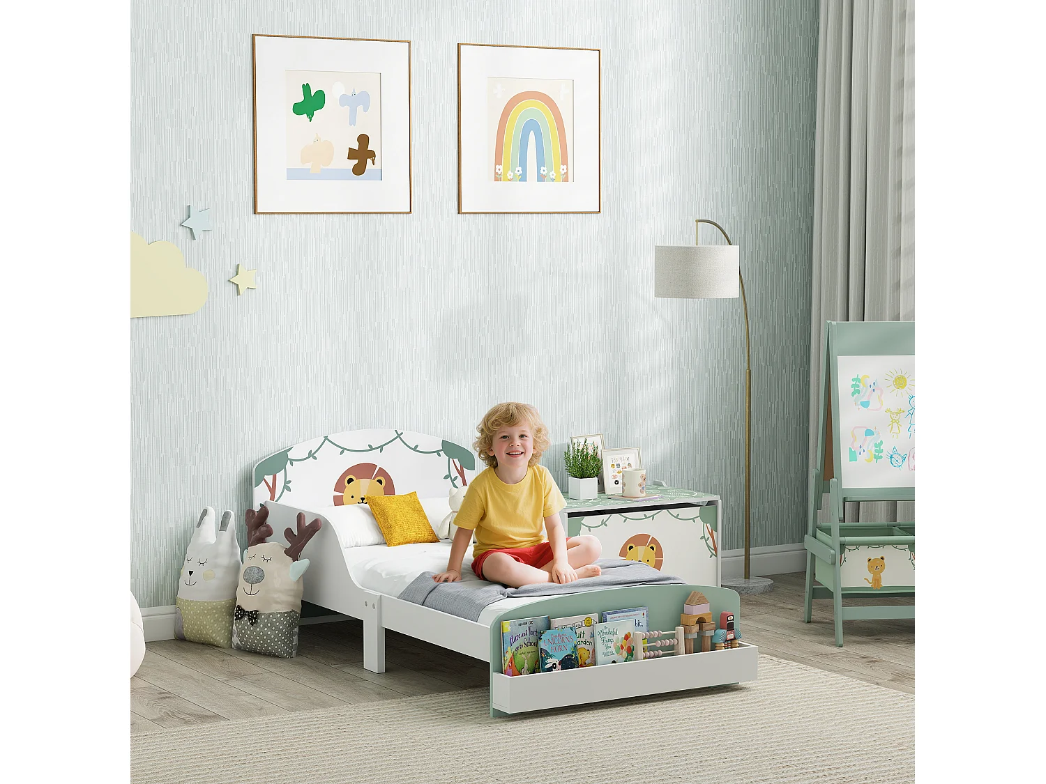 Letto per bambini con spazio contenitore e sponde laterali verde