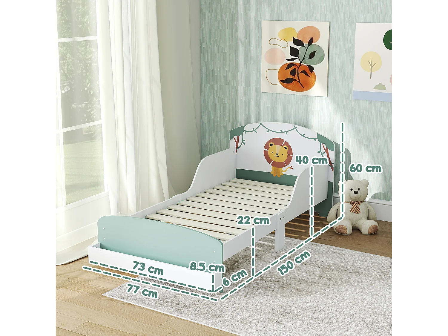 Letto per bambini con spazio contenitore e sponde laterali verde