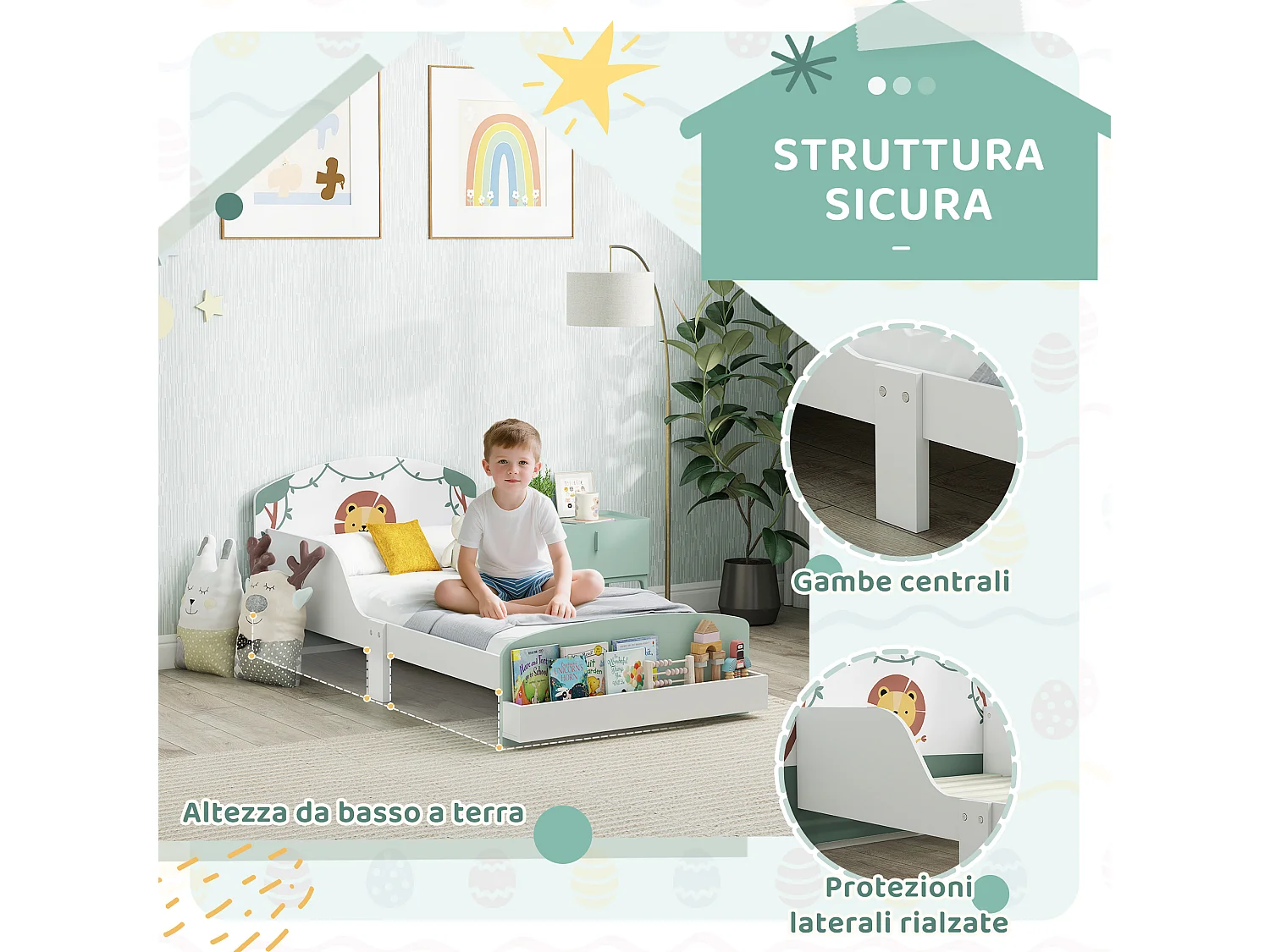Letto per bambini con spazio contenitore e sponde laterali verde
