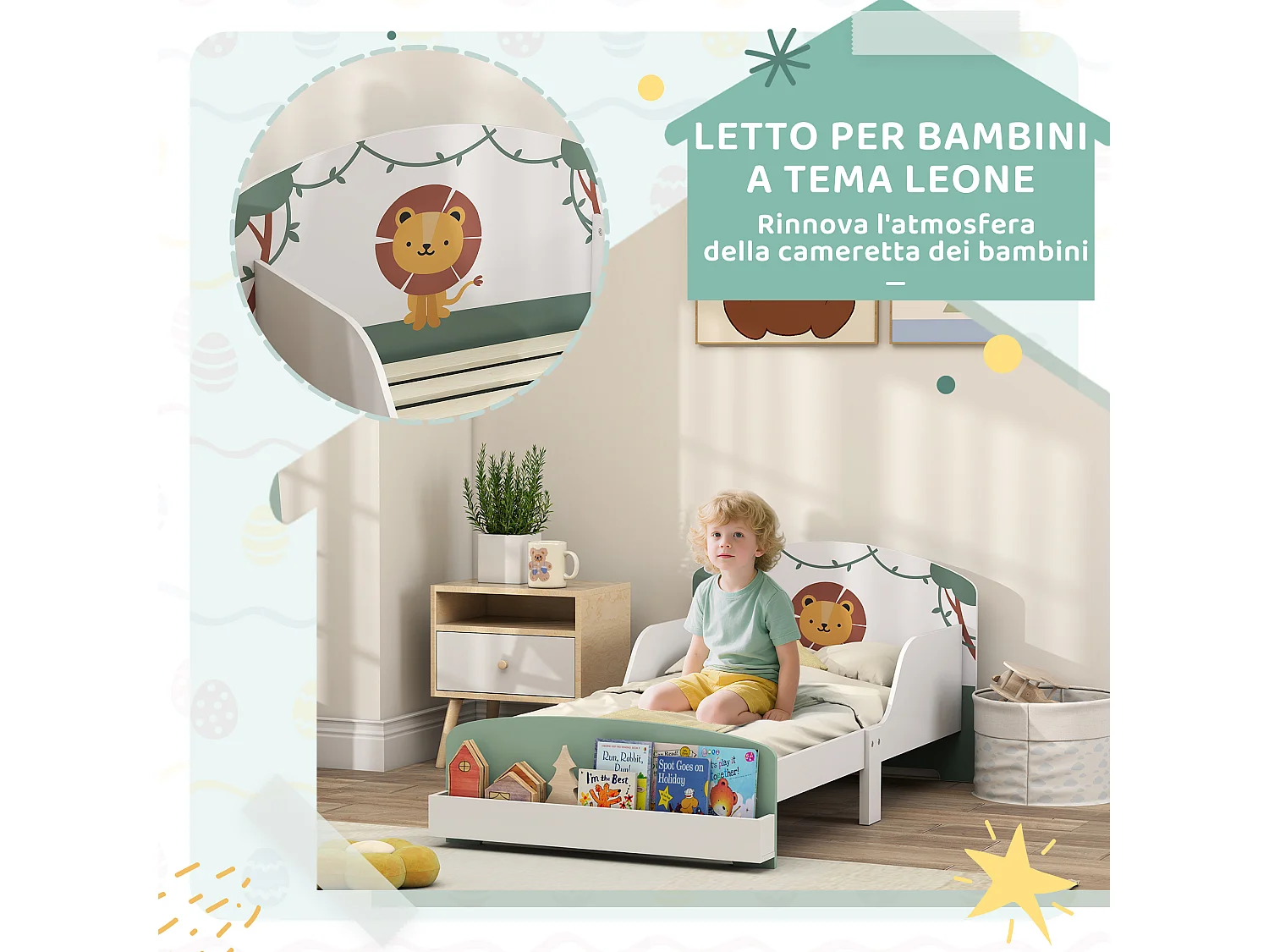 Letto per bambini con spazio contenitore e sponde laterali verde