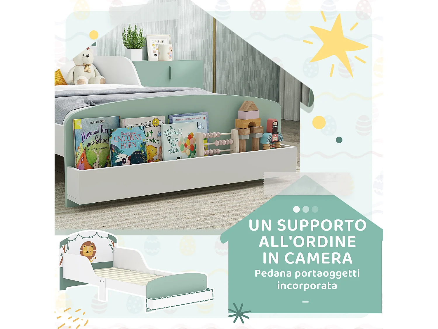 Letto per bambini con spazio contenitore e sponde laterali verde