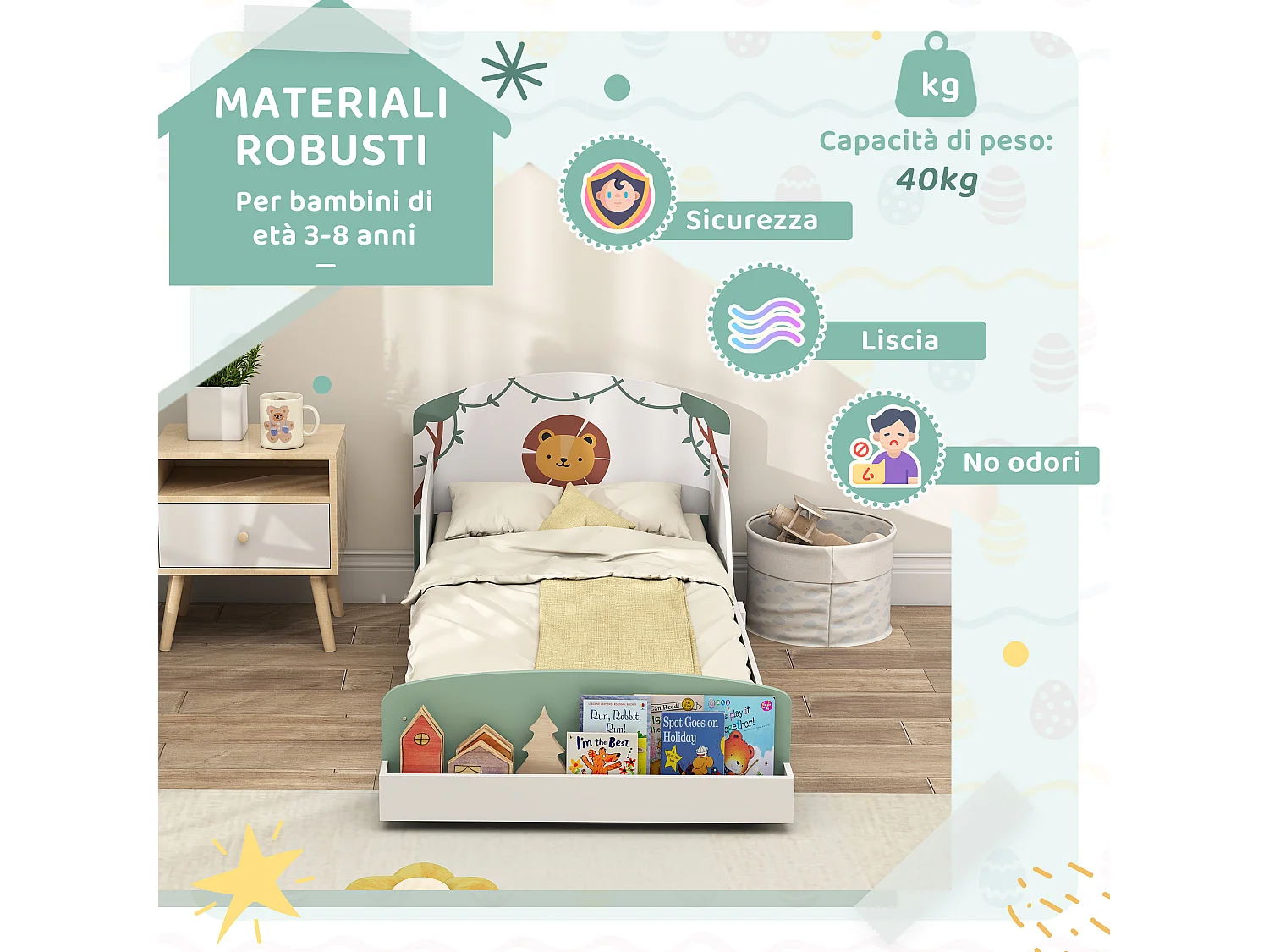 Letto per bambini con spazio contenitore e sponde laterali verde