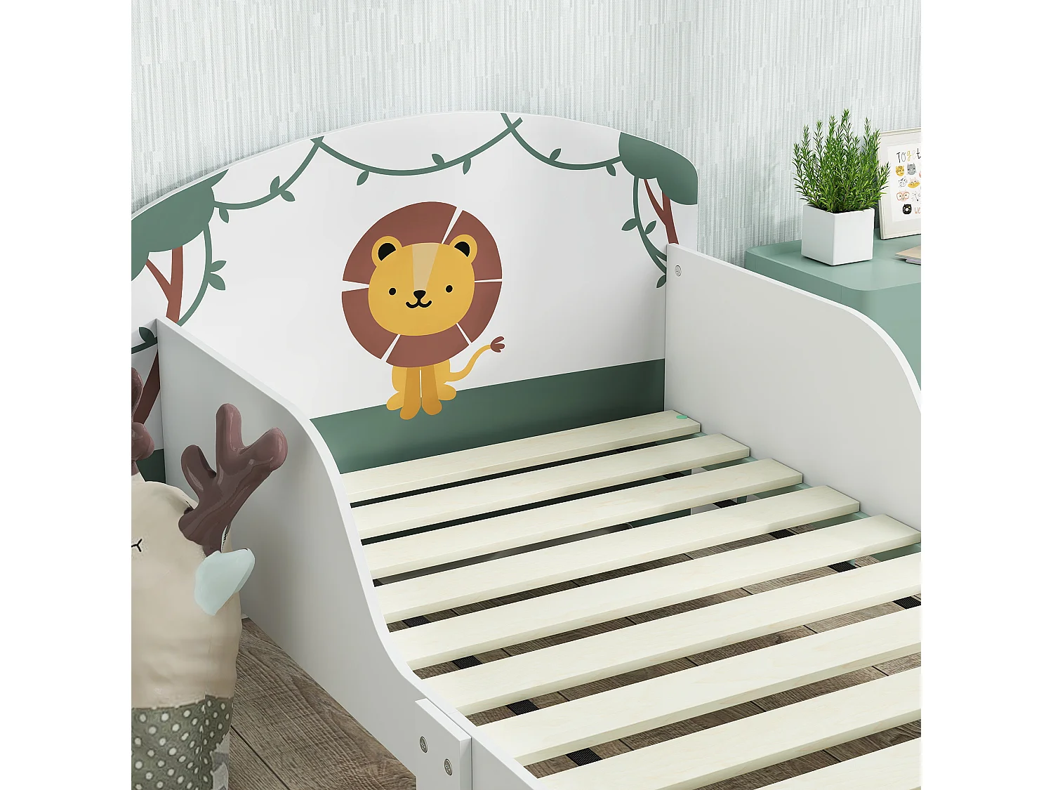 Letto per bambini con spazio contenitore e sponde laterali verde