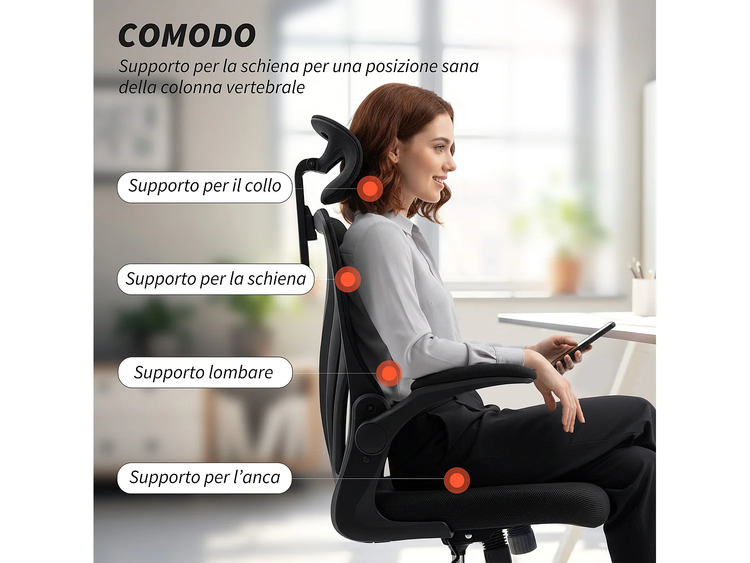 Sedia da ufficio ergonomica braccioli ribaltabili e supporto lombare