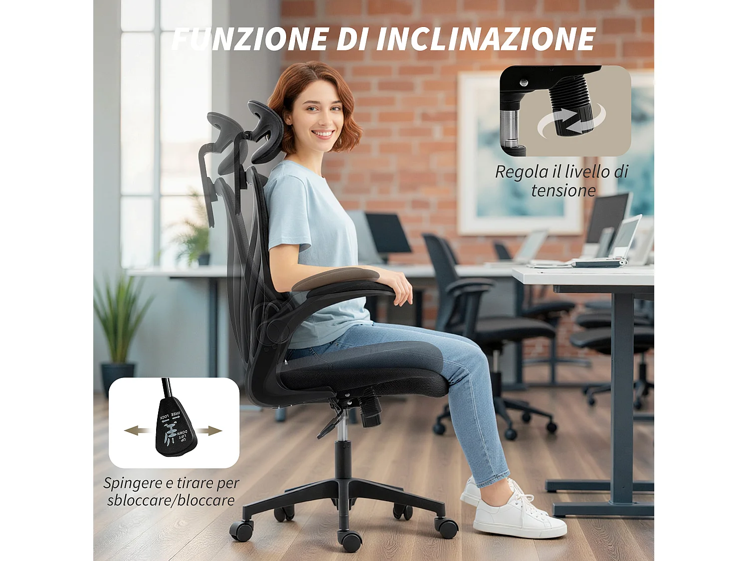 Sedia da ufficio ergonomica braccioli ribaltabili e supporto lombare