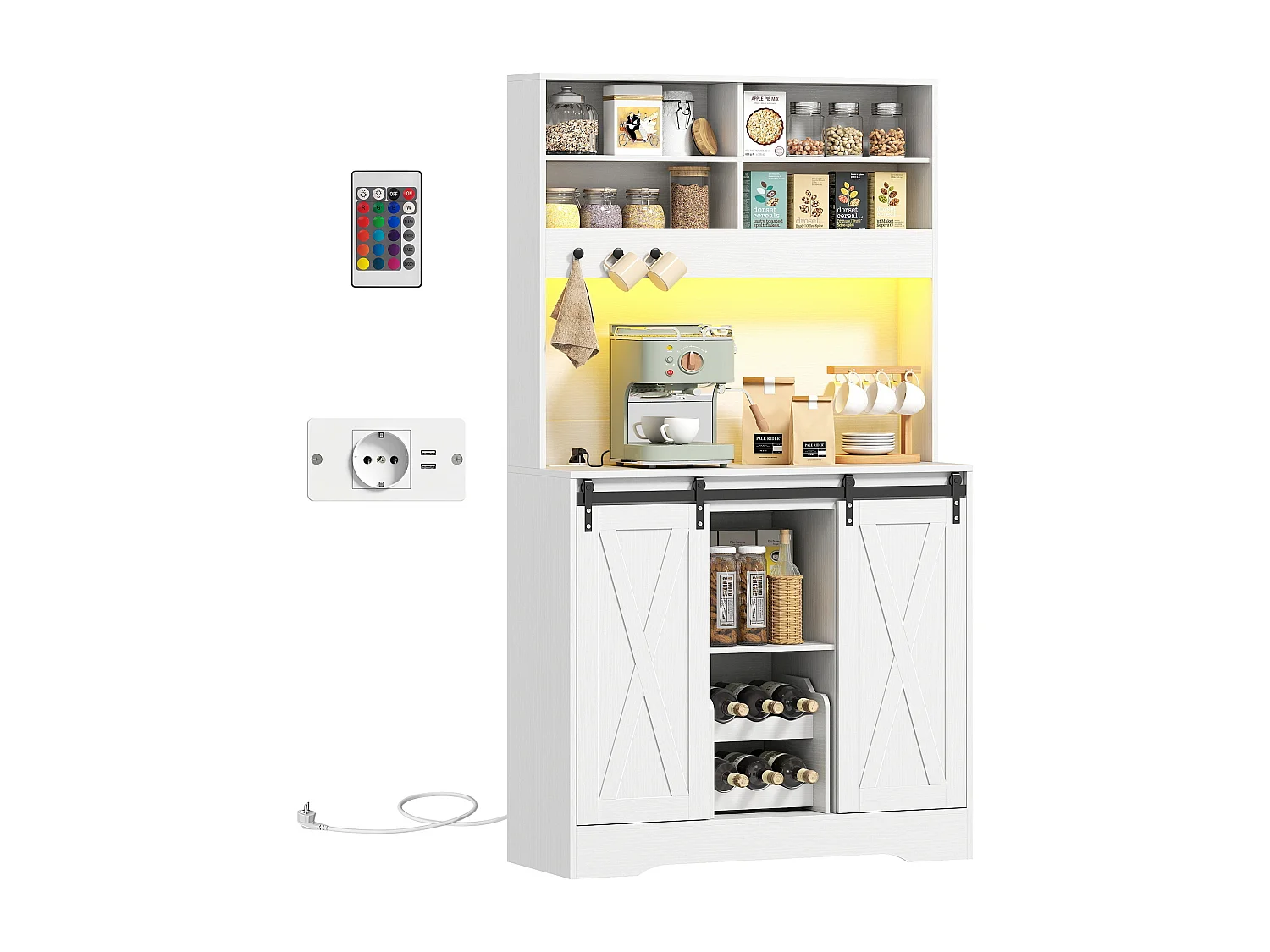 Credenza cucina con prese elettriche luce led e portabottiglie bianco