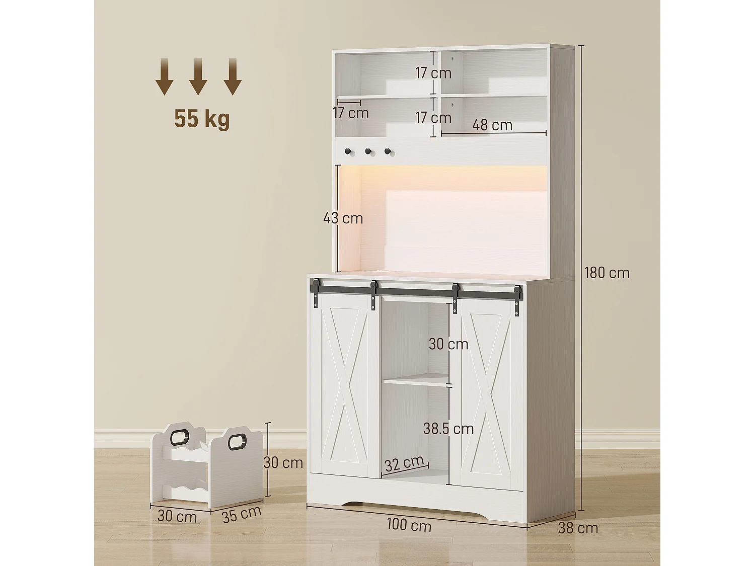 Credenza cucina con prese elettriche luce led e portabottiglie bianco