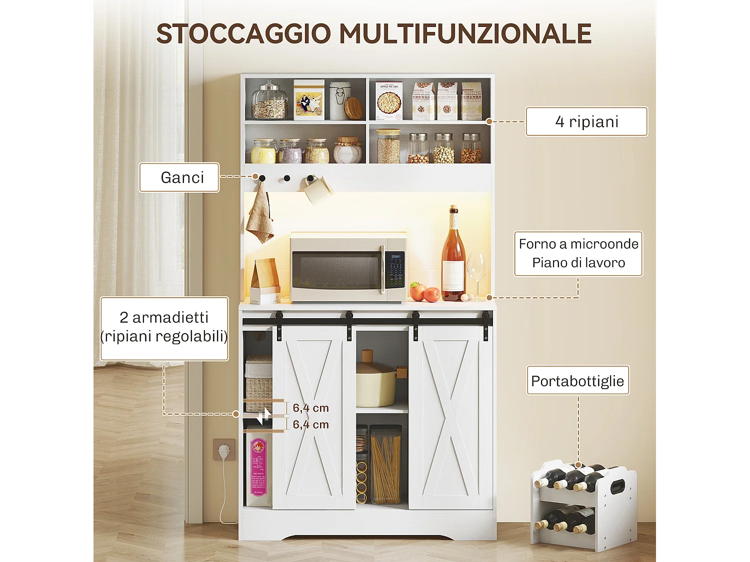 Credenza cucina con prese elettriche luce led e portabottiglie bianco