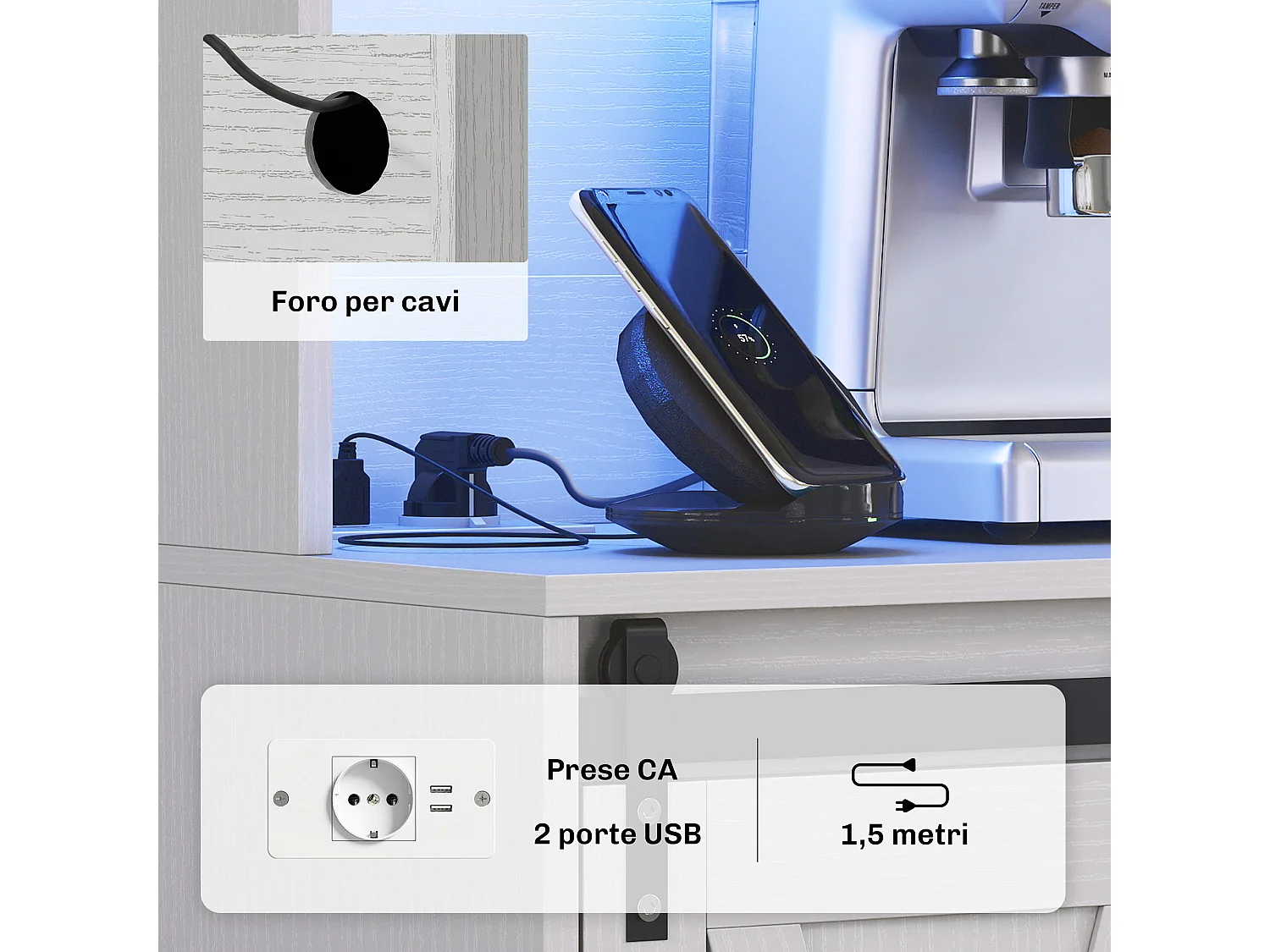 Credenza cucina con prese elettriche luce led e portabottiglie bianco