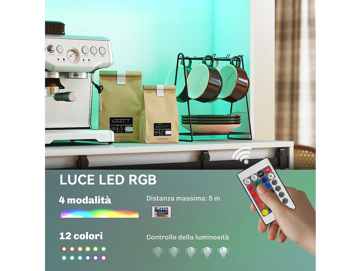 Credenza cucina con prese elettriche luce led e portabottiglie bianco