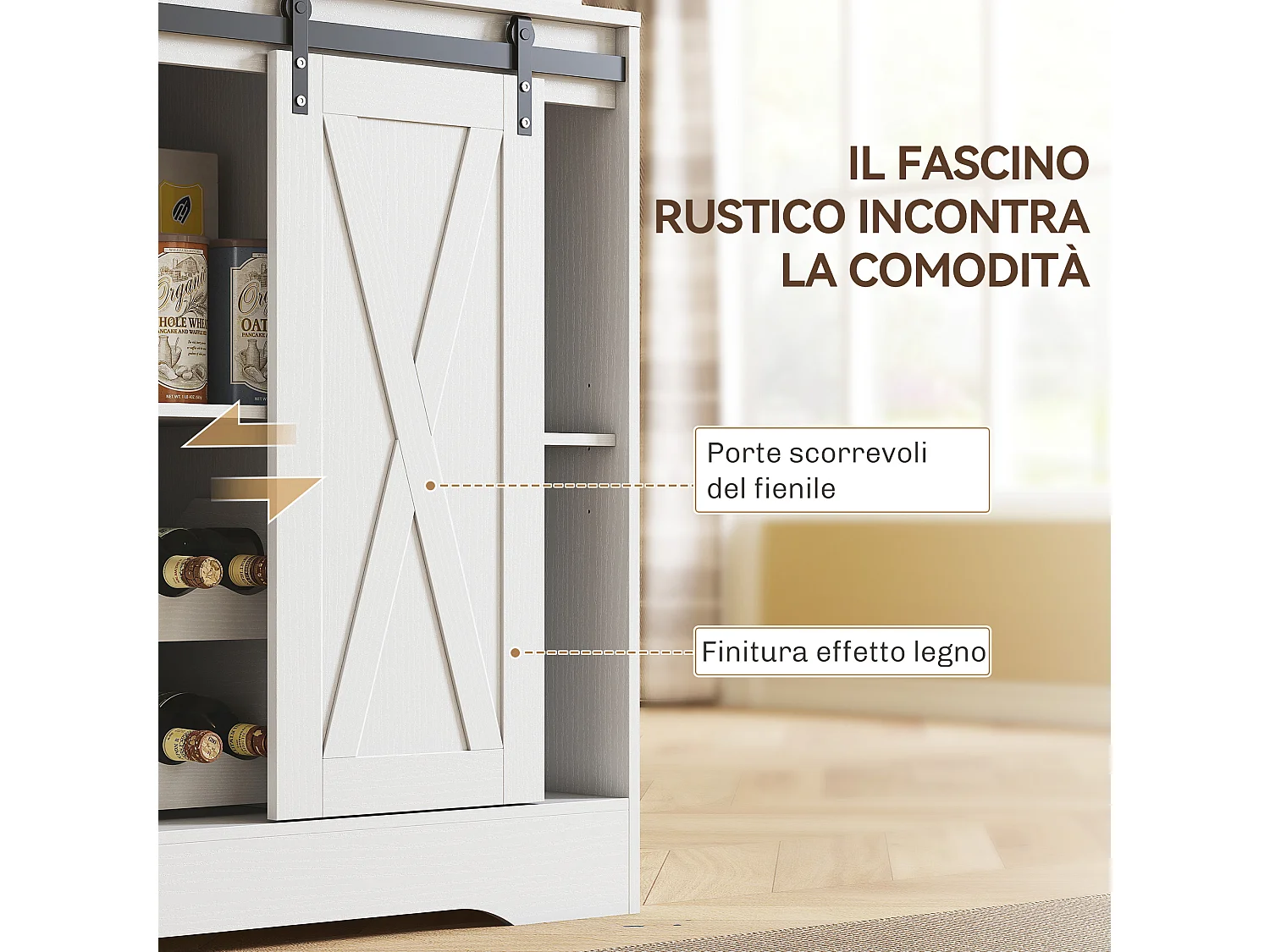 Credenza cucina con prese elettriche luce led e portabottiglie bianco