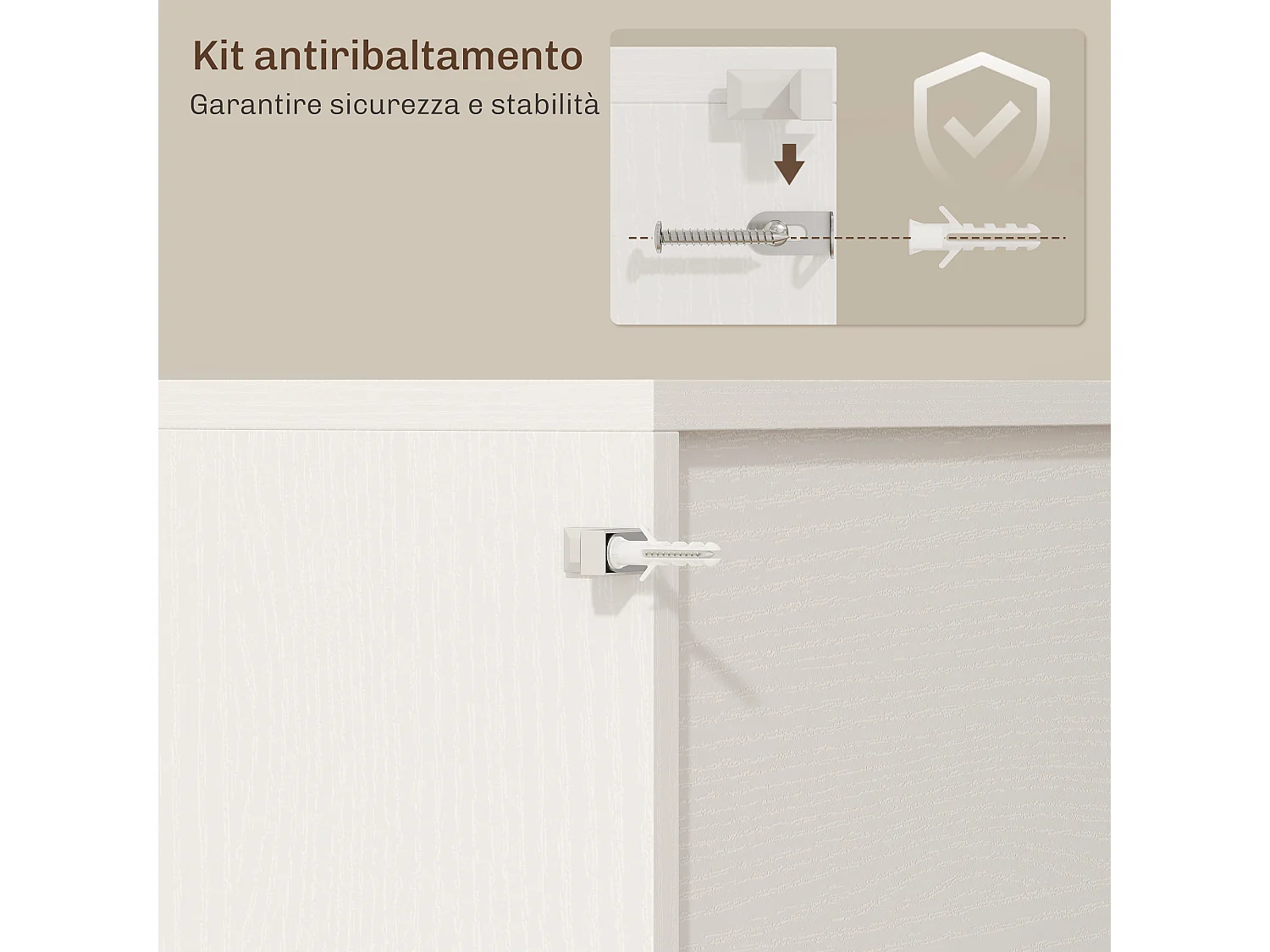 Credenza cucina con prese elettriche luce led e portabottiglie bianco