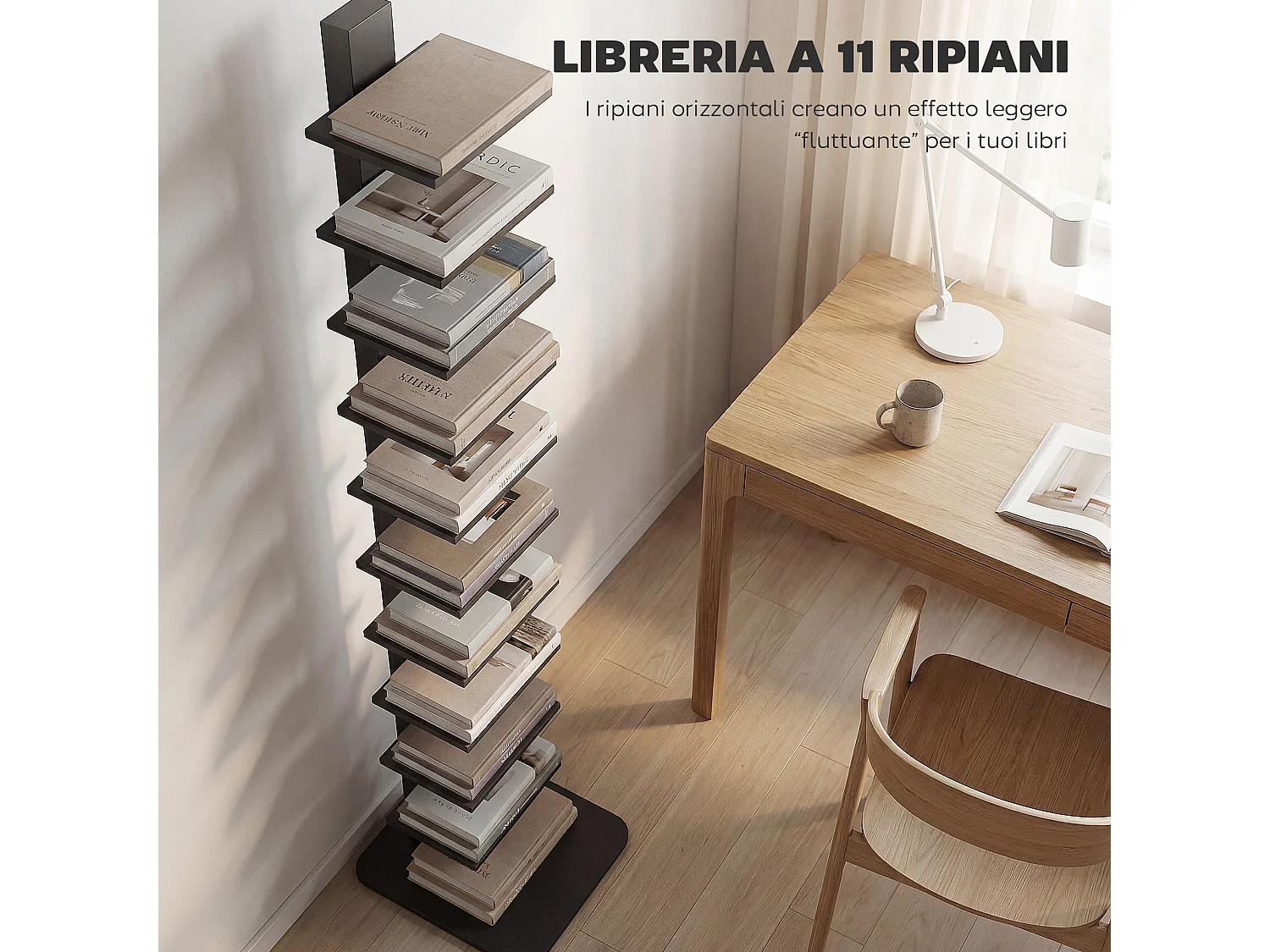 Libreria Verticale Salvaspazio a 11 Ripiani, Alta e Stretta, Nero