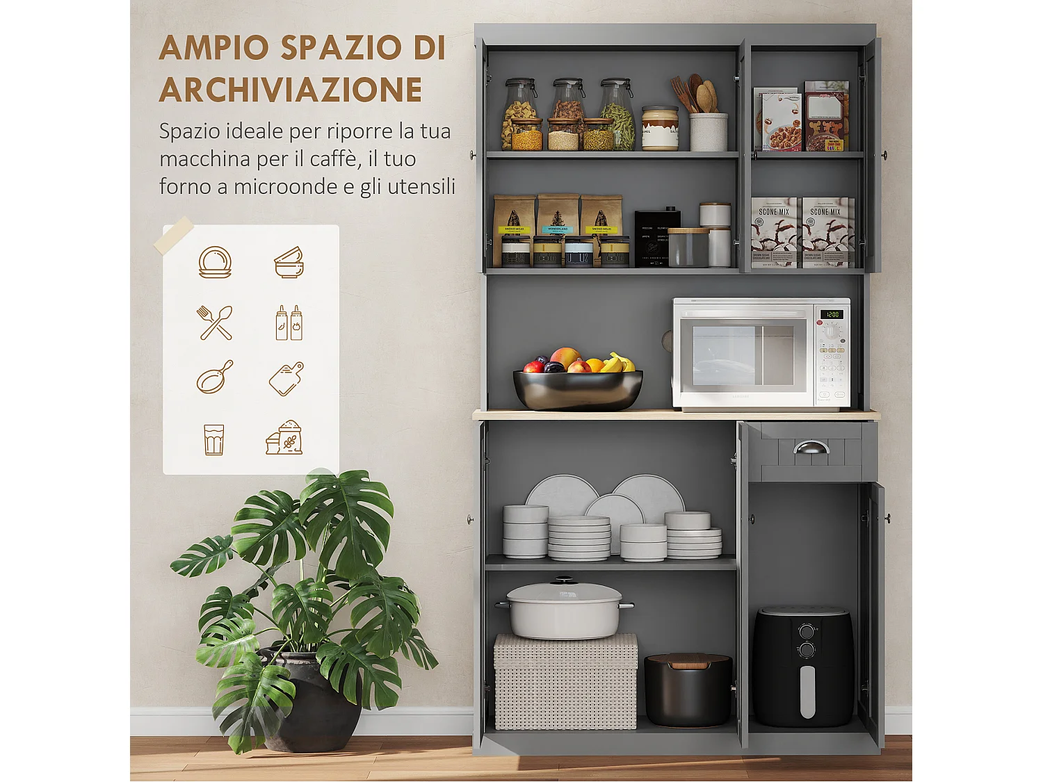 Mobile cucina stile country con mensole regolabili in legno grigio
