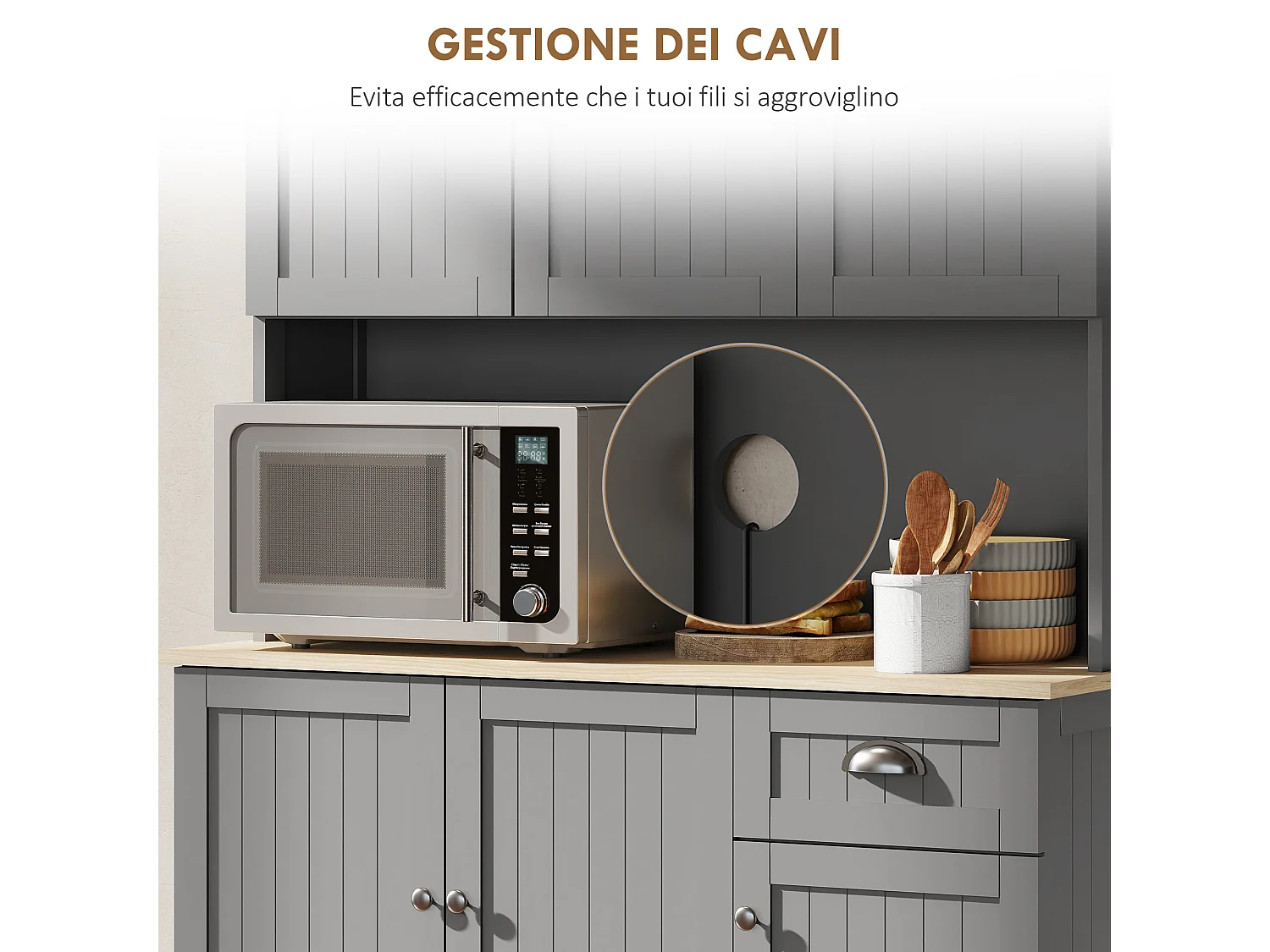 Mobile cucina stile country con mensole regolabili in legno grigio