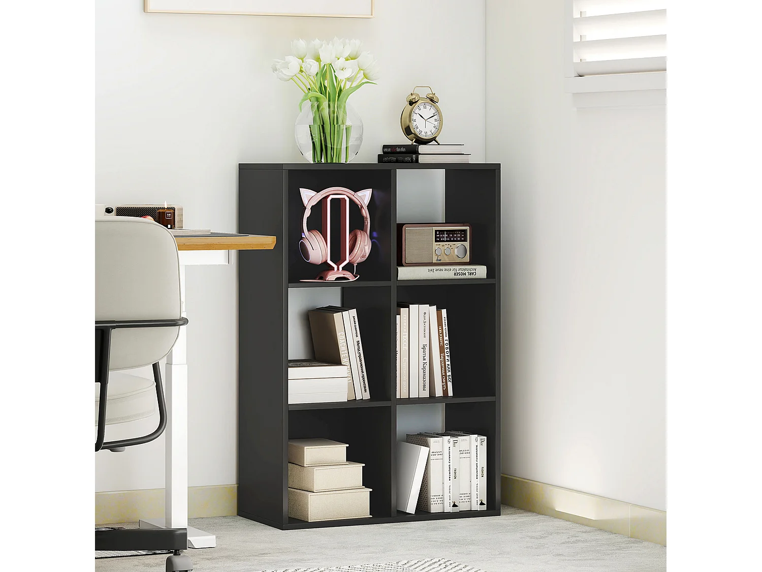 Libreria a cubi moderna con 6 ripiani in truciolato nero