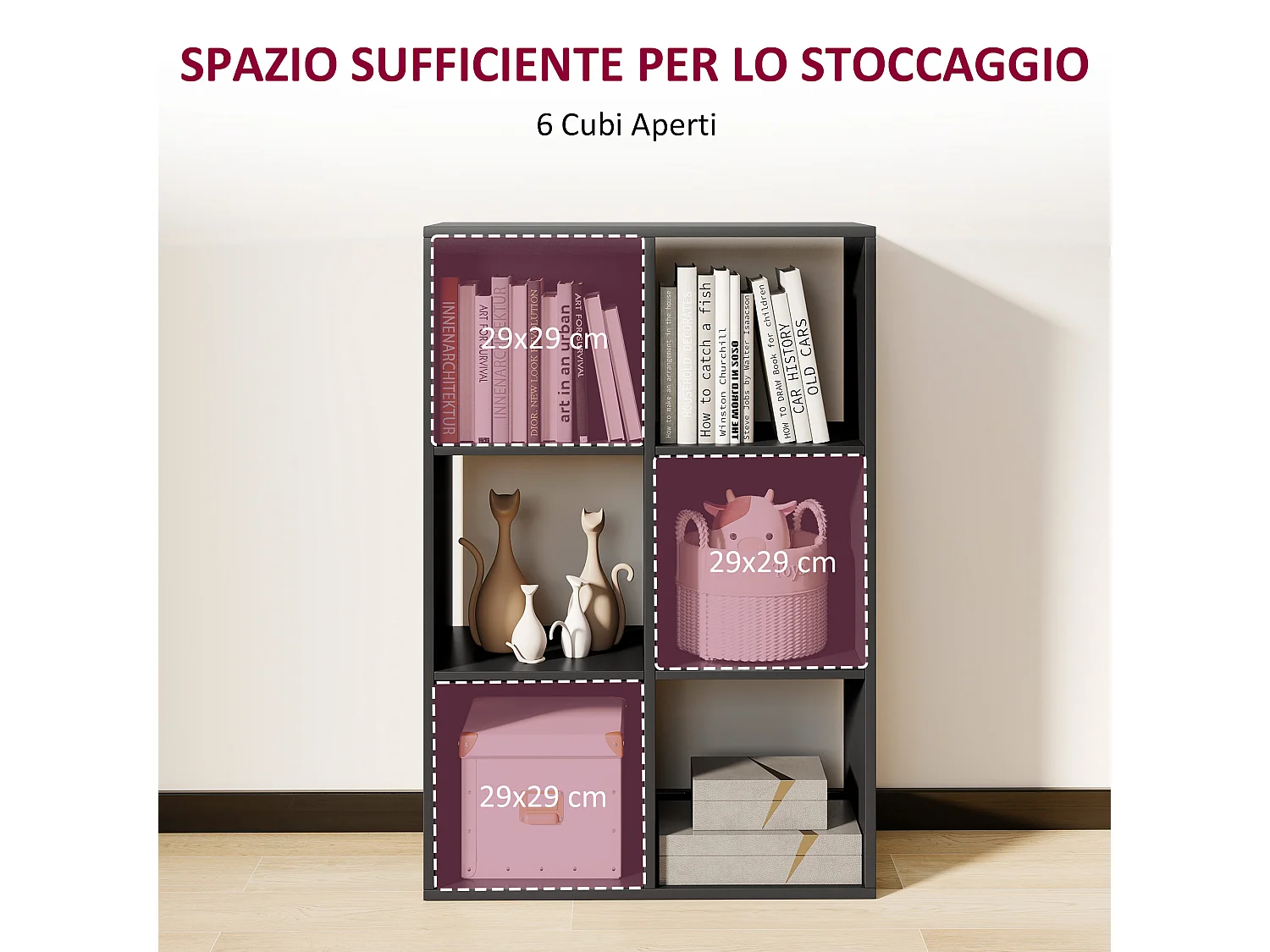 Libreria a cubi moderna con 6 ripiani in truciolato nero