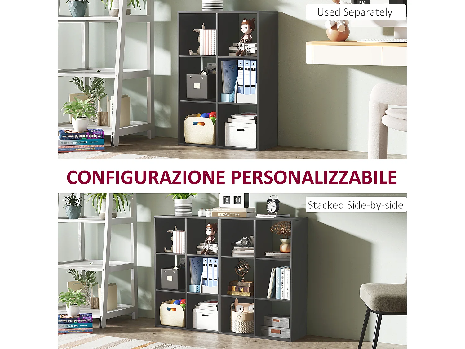 Libreria a cubi moderna con 6 ripiani in truciolato nero