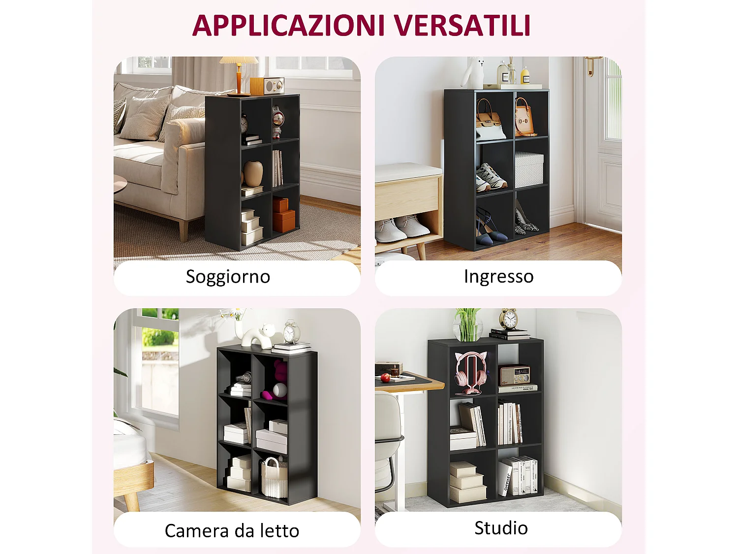 Libreria a cubi moderna con 6 ripiani in truciolato nero