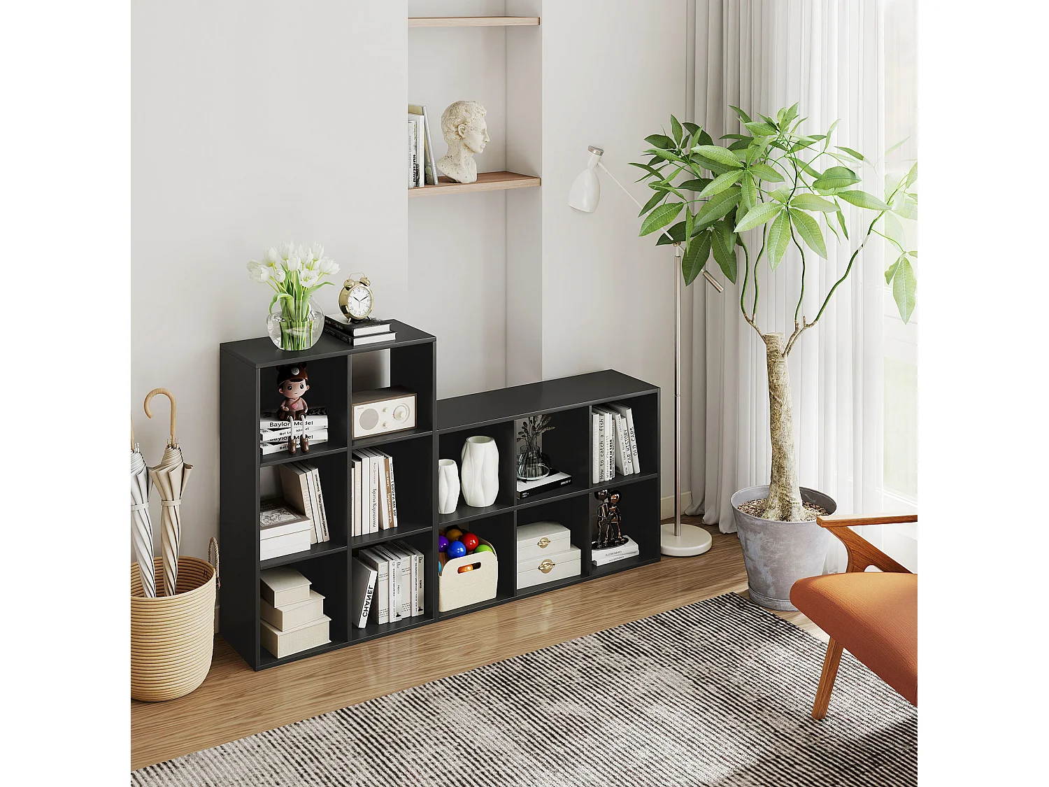 Libreria a cubi moderna con 6 ripiani in truciolato nero