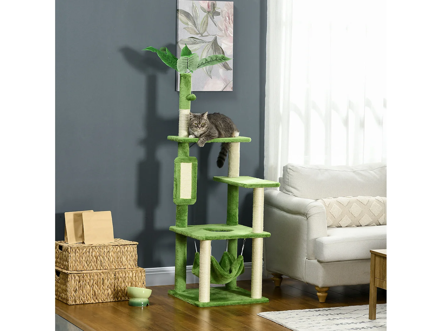 Tiragraffi per gatti da 142 cm con amaca pallina sisal e sistema antiribaltamento verde