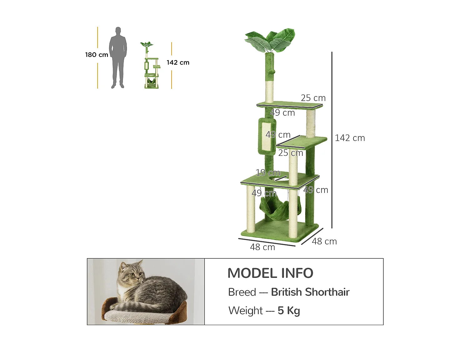 Tiragraffi per gatti da 142 cm con amaca pallina sisal e sistema antiribaltamento verde