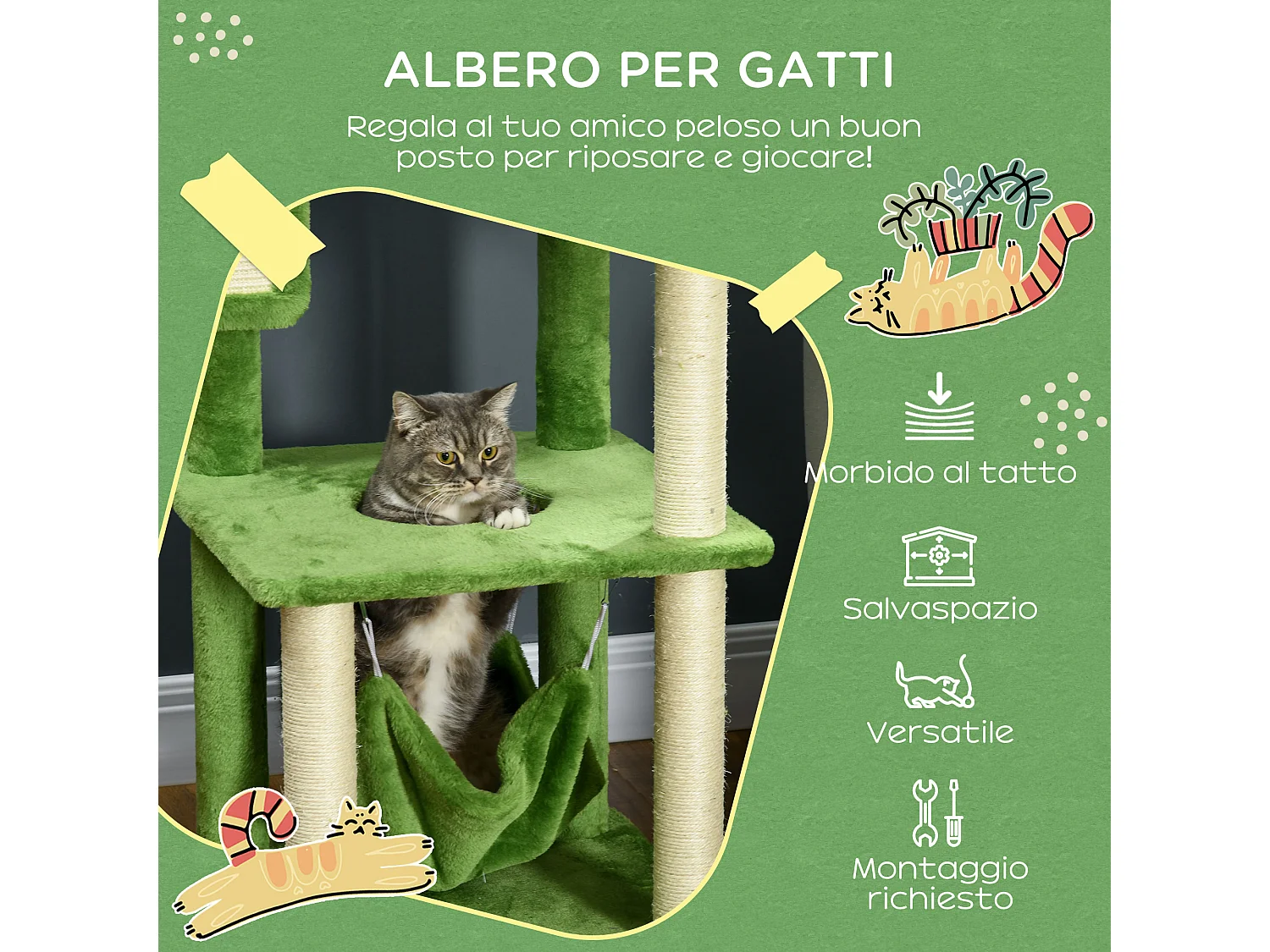 Tiragraffi per gatti da 142 cm con amaca pallina sisal e sistema antiribaltamento verde