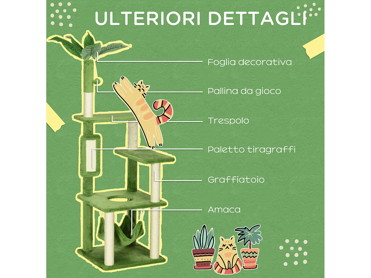 Tiragraffi per gatti da 142 cm con amaca pallina sisal e sistema antiribaltamento verde