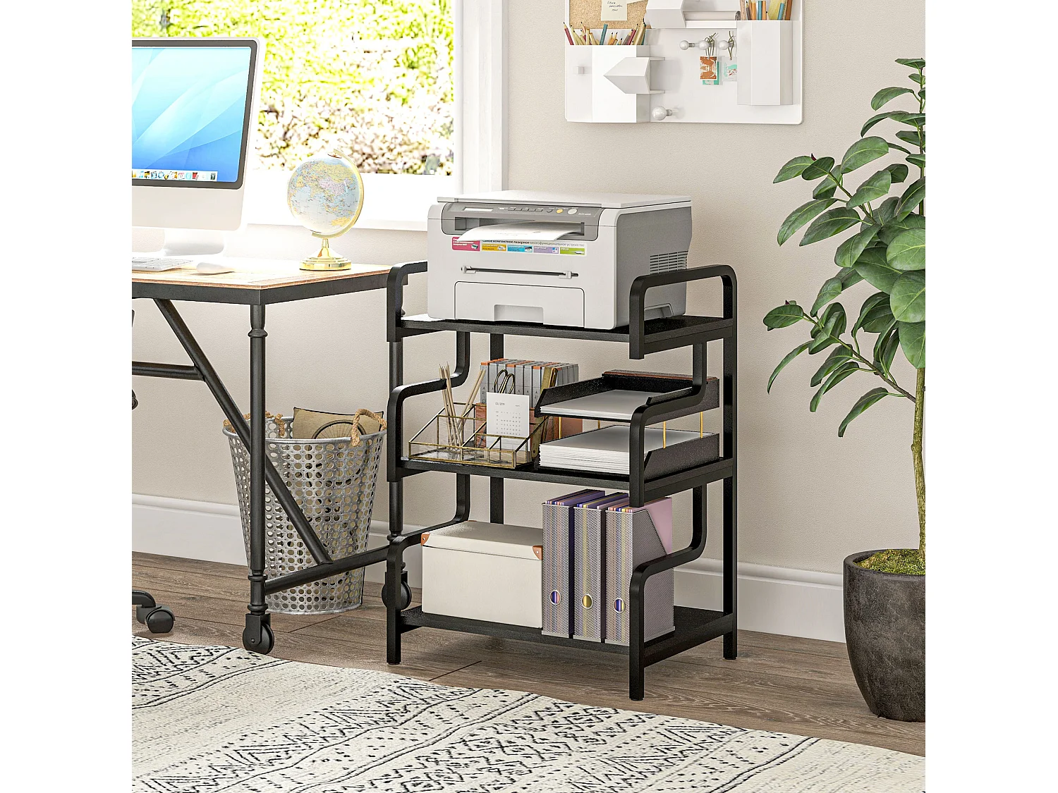 Supporto per stampante a 3 livelli in metallo e truciolato nero