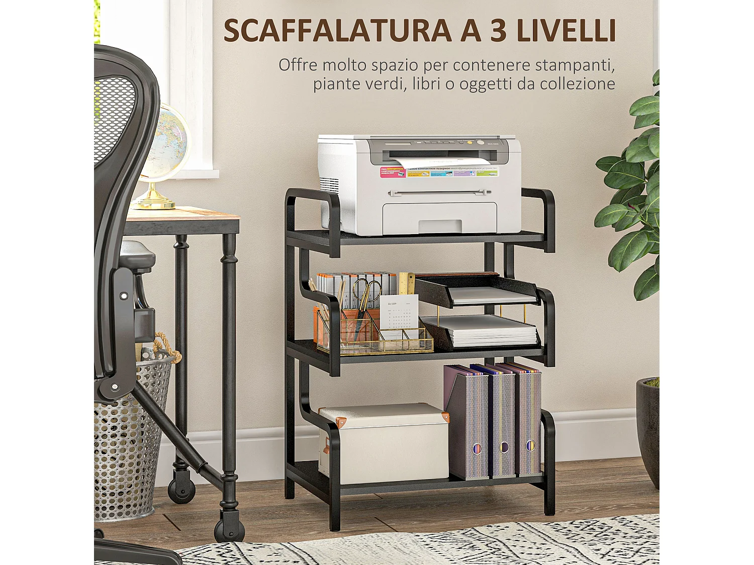 Supporto per stampante a 3 livelli in metallo e truciolato nero