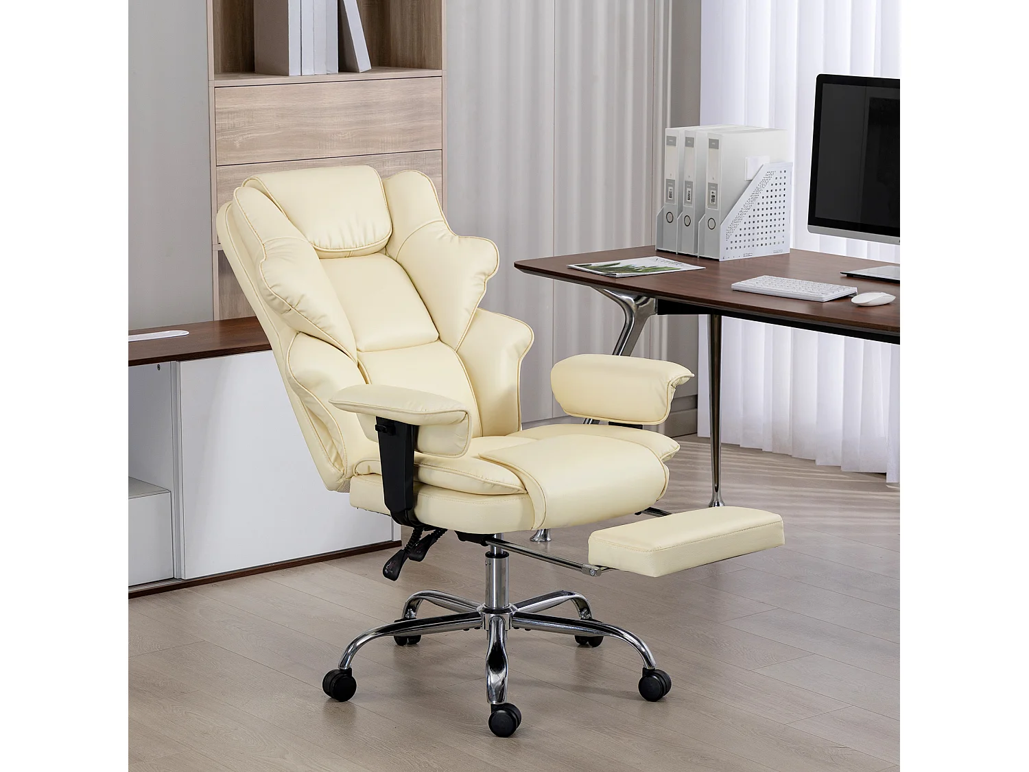 Sedia da ufficio con poggiapiedi e poggiatesta, in pelle pu, schiuma e metallo