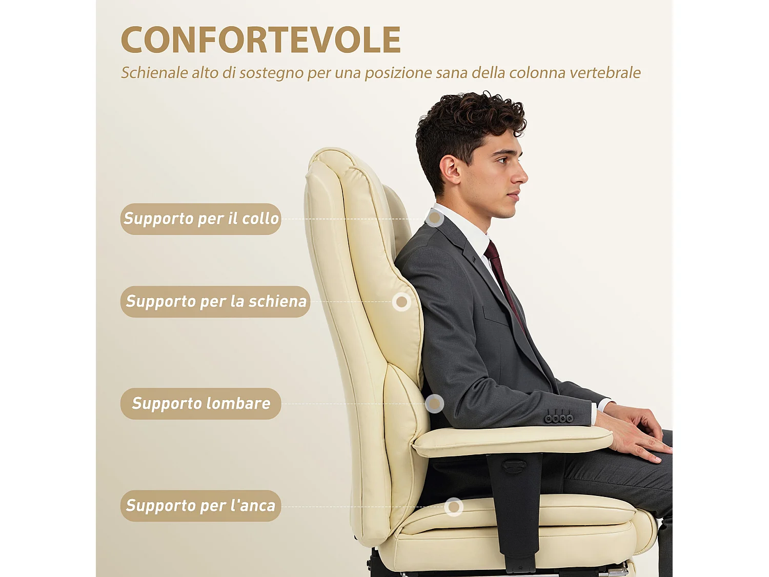 Sedia da ufficio con poggiapiedi e poggiatesta, in pelle pu, schiuma e metallo