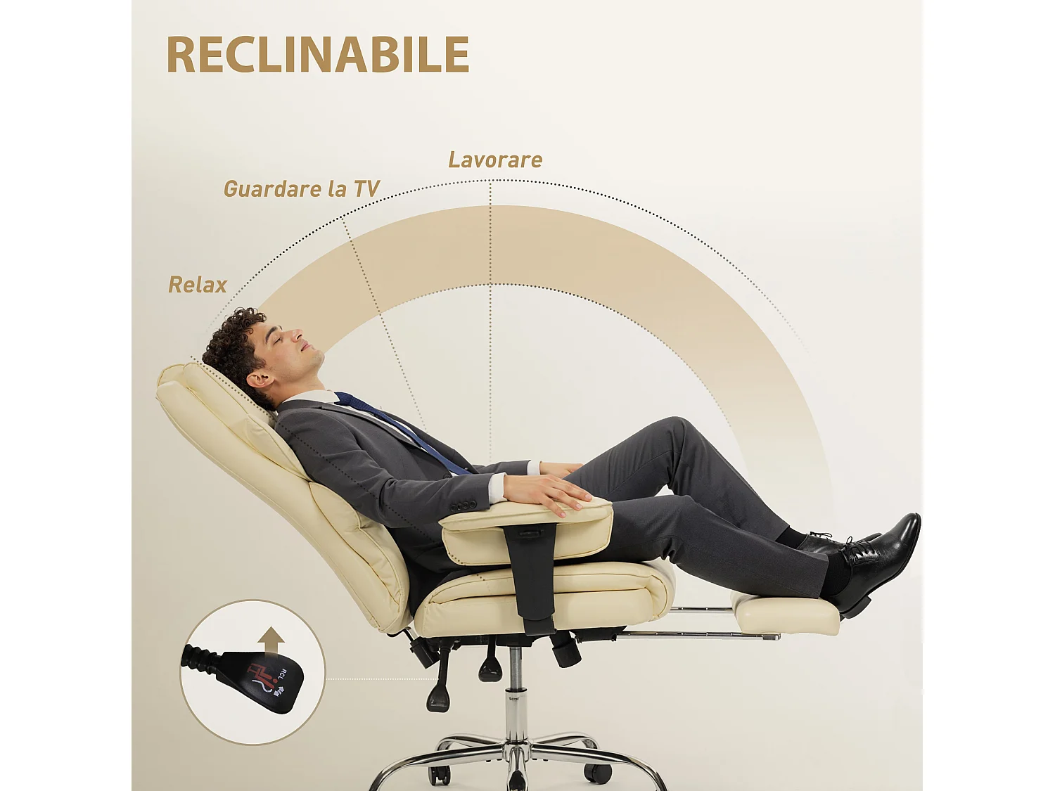 Sedia da ufficio con poggiapiedi e poggiatesta, in pelle pu, schiuma e metallo