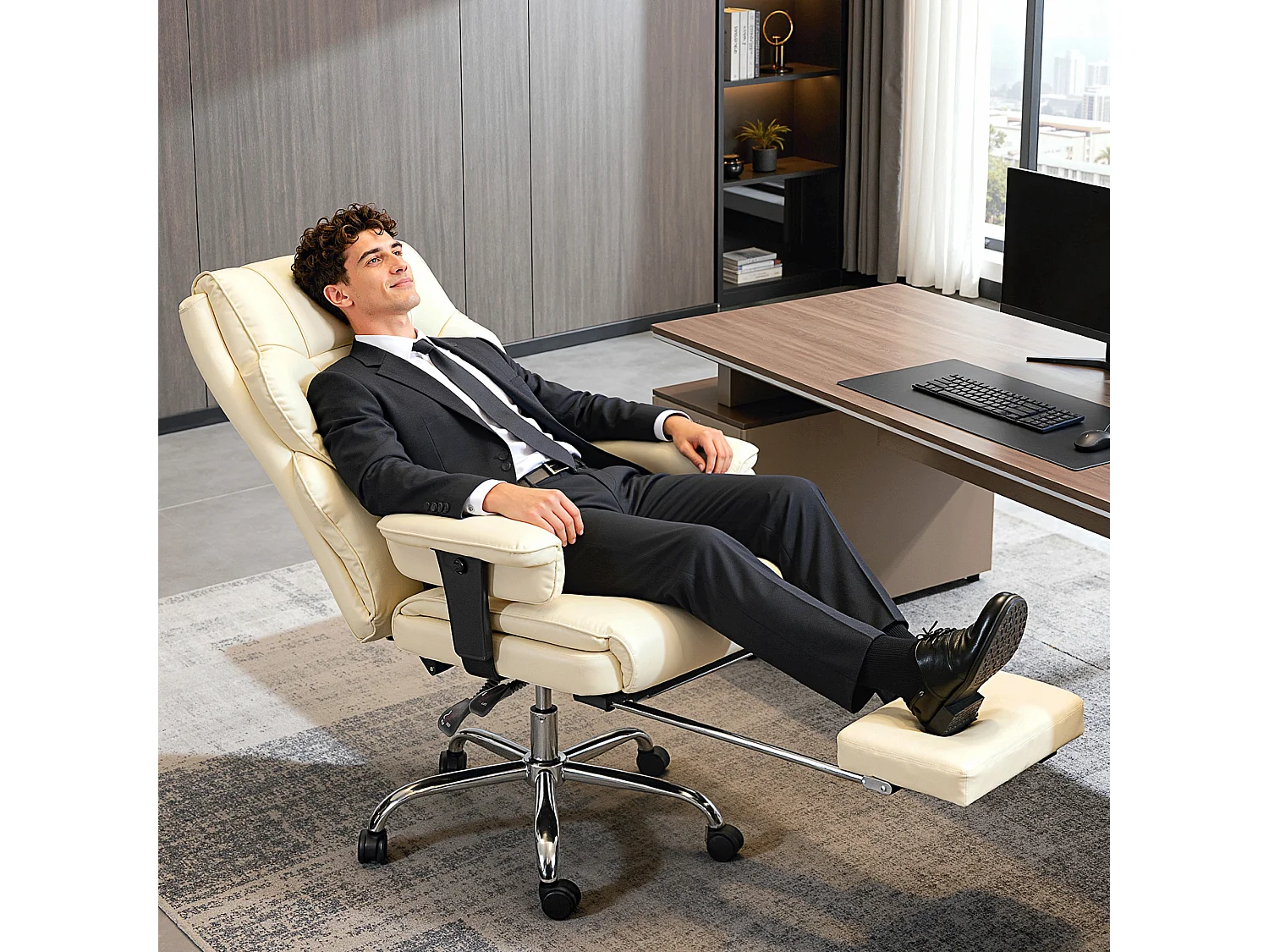 Sedia da ufficio con poggiapiedi e poggiatesta, in pelle pu, schiuma e metallo