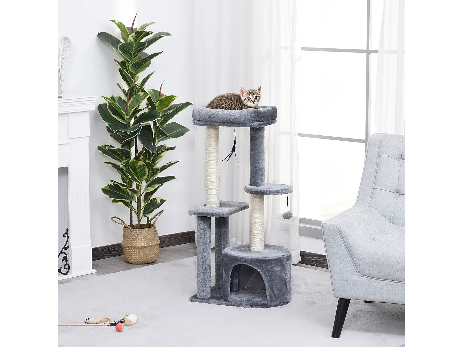 Albero tiragraffi per gatti adulti su più livelli con cuccia posatoio e 2 ripiani bianco e grigio 48x35x100cm