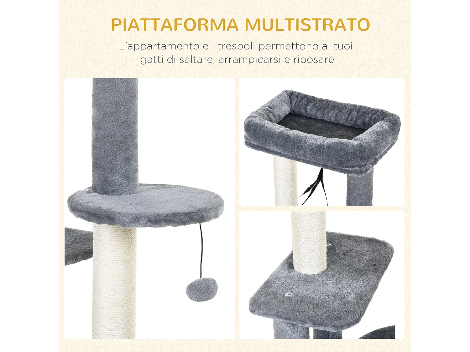 Albero tiragraffi per gatti adulti su più livelli con cuccia posatoio e 2 ripiani bianco e grigio 48x35x100cm