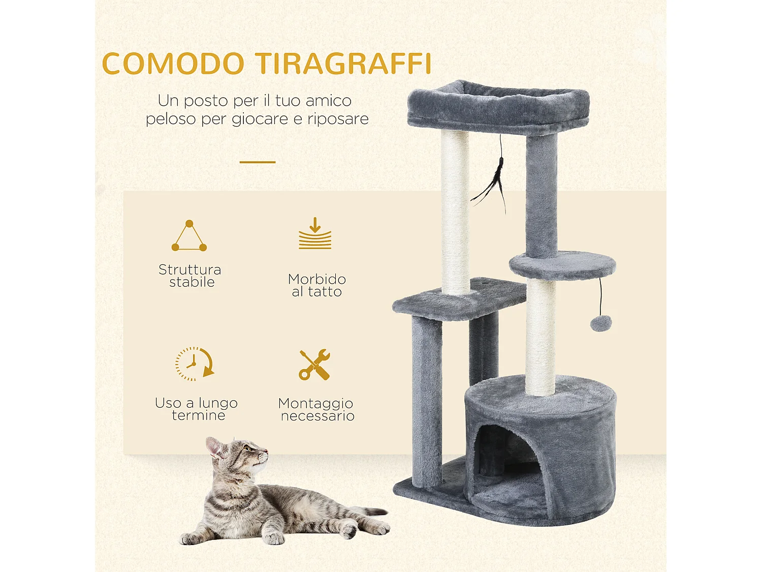 Albero tiragraffi per gatti adulti su più livelli con cuccia posatoio e 2 ripiani bianco e grigio 48x35x100cm