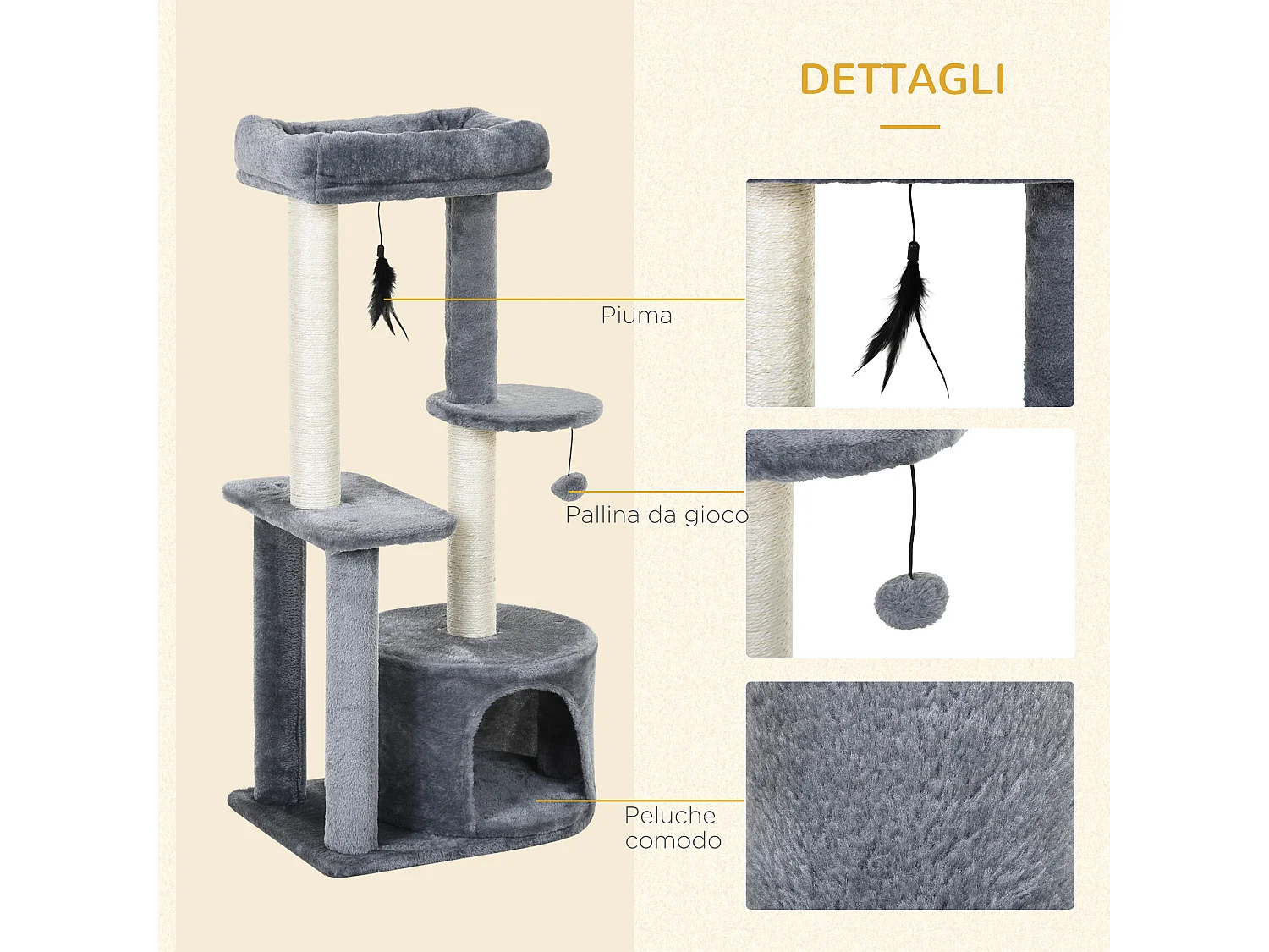 Albero tiragraffi per gatti adulti su più livelli con cuccia posatoio e 2 ripiani bianco e grigio 48x35x100cm